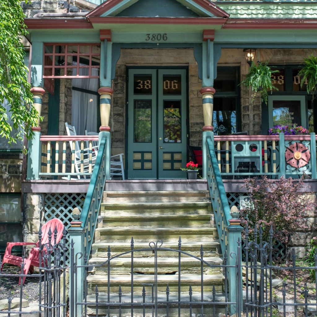 The front stairs of Stone Gables Inn
